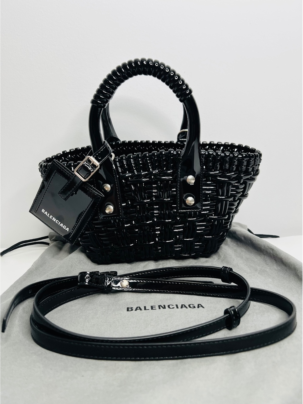 Balenciaga Bistro XXS Black Woven Basket Bag Mini Tote Crossbody Strap New - Picture 2 of 8